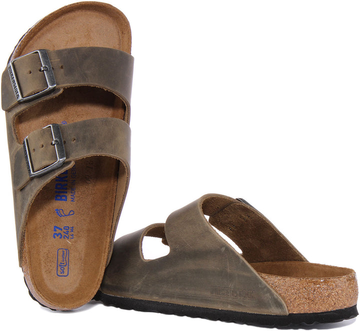 Birkenstock Arizona Sandalo a due cinturini in pelle nubuck oliata da donna in oliva