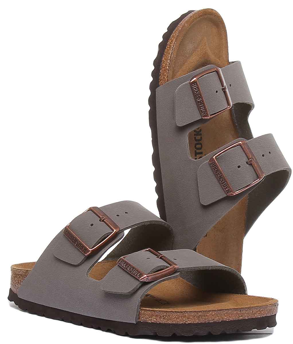 Birkenstock Arizona sandali a doppio cinturino in pietra Birko Flor con suola in sughero da donna